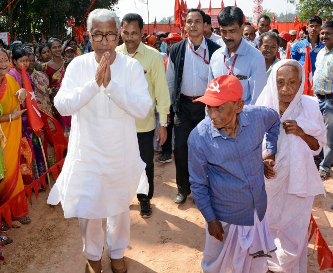 Communist Party of India-Marxist leader Manik Sarkar campaigns in Dhanpur, Tripura. Photograph: PTI Photo
