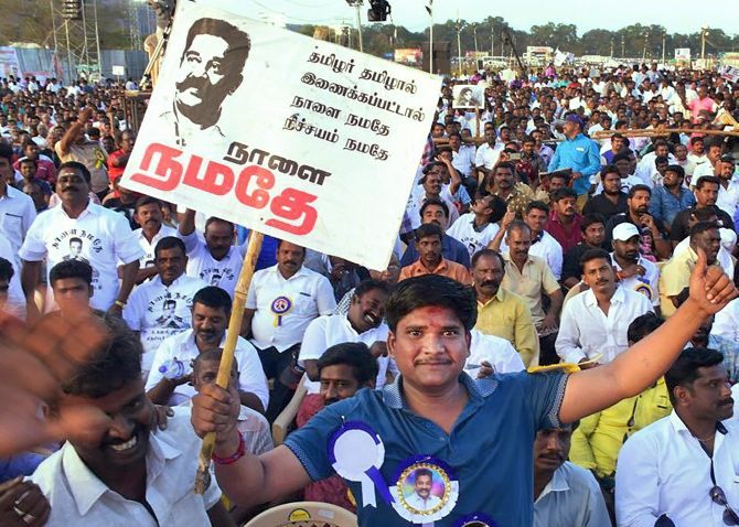 Crowds in Madurai at the launch of Kamal Hassan's Makkal Needhi Maiam political party. Photograph: PTI Photo