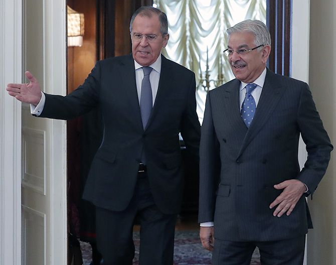 Russian Foreign Minister Sergei Lavrov, left, with his Pakistani counterpart Khawaja Asif after their meeting in Moscow, February 20, 2018. Photograph: Maxim Shemetov/Reuters