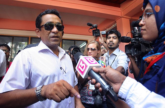 Then Progressive Party of Maldives presidential candidate Abdulla Yameen speaks to the media after casting his vote during the presidential election in Male, November 9, 2013. Yameen is now the Maldives' president and it is uncertain if he will permit a free and fair election this November, given his recent refusal to adhere to democratic convention and honour supreme court rulings. Photograph: Waheed Mohamed/Reuters