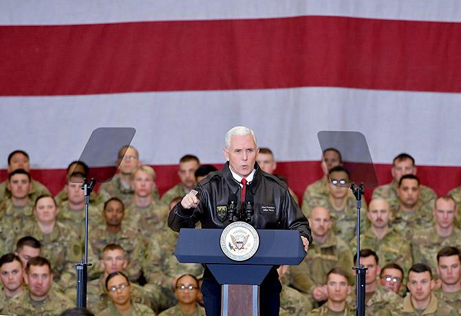 US Vice President Mike Pence speaks to American troops in a hangar at Bagram air field, Afghanistan, December 21, 2017. Photograph: Mandel Nga/Pool/Reuters