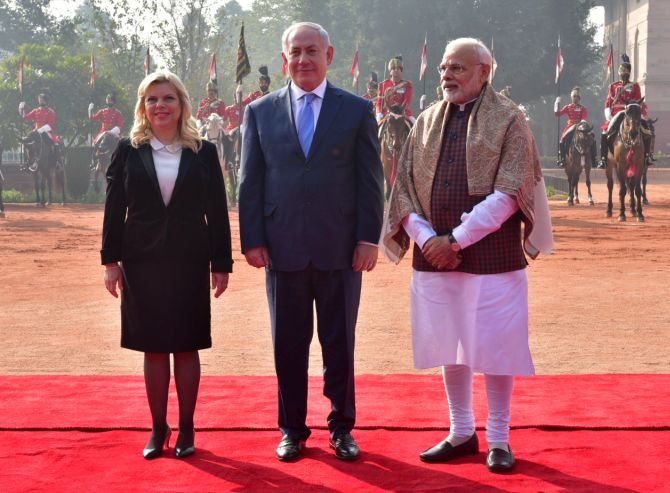 Prime Minister Narendra D Modi with Israeli Prime Minister Benjamin Netanyahu and his wife Sara at Rashtrapati Bhavan, January 15, 2018. Photograph: MEA/Flickr