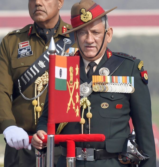 Army Chief General Bipin Rawat inspects the guard of honour during the Army Day parade in New Delhi, January 15, 2018. Photograph: Kamal Singh/PTI Photo