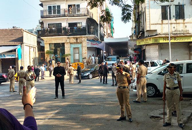 Security arrangements at Chabad House, January 18, 2018. Netanyahu's Mercedes Benz can be seen. Photograph: Vaihayasi Pande Daniel/Rediff.com