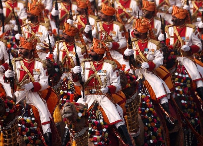 The BSF Camel Contingent at the Republic Day parade, January 26, 2018. The camel-mounted troops have been instrumental in successfully tracking down extremists and smugglers on the Rajasthan-Gujarat frontier. Their motto -- Duty unto Death. Photograph: Adnan Abidi/Reuters