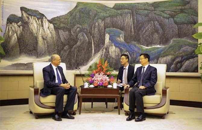 Vijay Gokhale, then India's ambassador to China, with Han Zheng, then Communist party secretary, Shanghai, now a member of the Politburo Standing Committee, China's highest decision-making body. Photograph: Kind Courtesy: The Indian Consulate, Shanghai