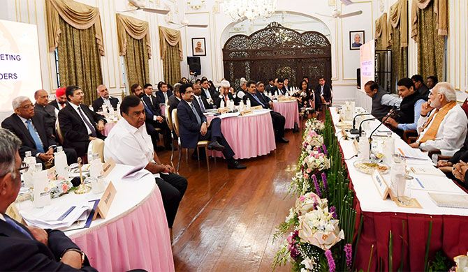 Prime Minister Narendra Damodardas Modi meets with leading businessmen in Mumbai, June 26, 2018. Photograph: Press Information Bureau