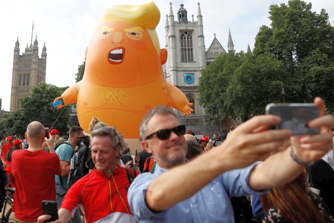The controversial 'baby Trump' blimp released in London on Friday, July 13, morning as hundreds descend on London to protest against the US president's visit to the United Kingdom. Photograph: Matt Cardy/Getty Images