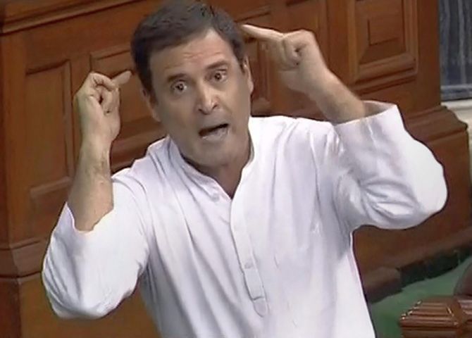 During his address in Lok Sabha, Rahul Gandhi told the Modi government to listen to him and not be afraid of the truth. Photograph: PTI Photo