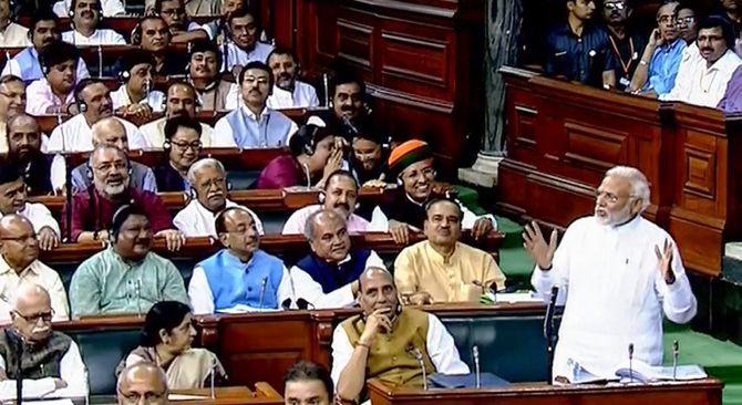 Prime Minister Narendra Damodardas Modi speaks during the debate on the no-confidence motion against his government in the Lok Sabha, July 20, 2018.