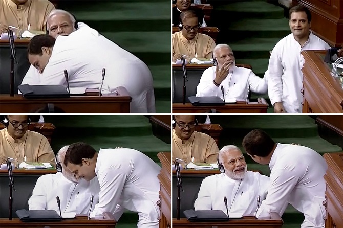 In this combo of four photographs is seen Congress President Rahul Gandhi as he hugs Prime Minister Narendra Damodardas Modi after his speech in the Lok Sabha on the no-confidence motion, July 20, 2018. Photograph: PTI Photo