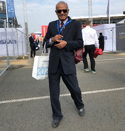 Group Captain Murli Menon (retd) at the Farnborough Airshow, July 20, 2018