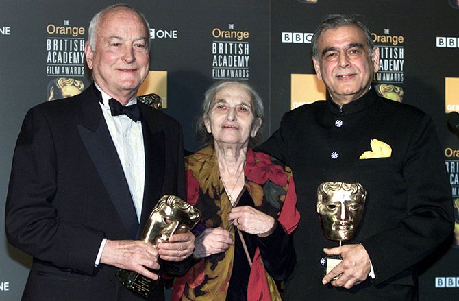 James Ivory, Ruth Prawer Jhabvala and Ismail Merchant, left to right, who together formed Merchant Ivory Productions, receive a British Academy film fellowship at a ceremony in central London, in 2002. Photograph: Michael Crabtree/Reuters