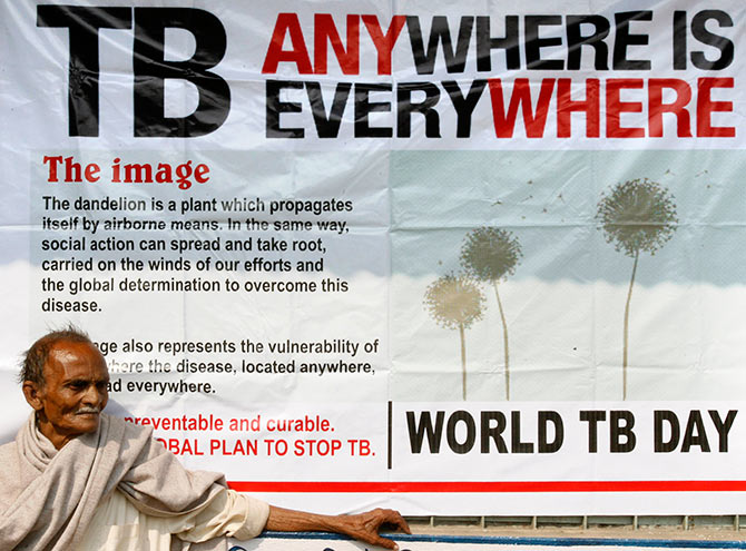 Jotindra Singh, 65, suffering from Tuberculosis (TB) waits for his free treatment outside a medical centre in Siliguri, West Bengal. Photograph: Rupak De Chowdhuri/Reuters