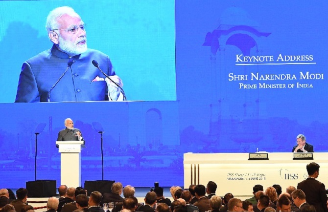 Prime Minister Narendra D Modi delivers the keynote address at the Shangri-La Dialogue,in Singapore, June 1, 2018. Photograph: Press Information Bureau