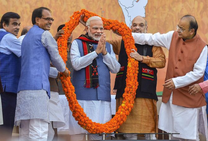 Narendra D Modi, with Shivraj Chauhan, Nitin Gadkari, Amit A Shah and Arun Jaitley celebrate the Bharatiya Janata Party victories in the north east, March 3, 2018. Photgraph: PTI Photo