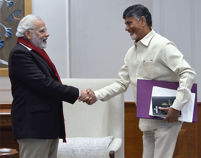 Andhra Pradesh Chief Minister Nara Chandrababu Naidu, right, met Prime Minister Narendra D Modi for the first time in several months, January 12, 2018. Photograph: Press Information Bureau