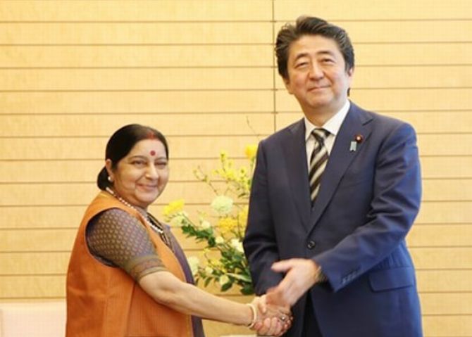 External Affairs Minister Sushma Swaraj met Japan's Prime Minister Shinzo Abe at his home in Tokyo, March 30, 2018. Photograph: Ministry of External Affairs