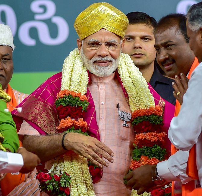 Prime Minister Narendra D Modi being at a rally in Bengaluru. Photograph: Shailendra Bhojak/PTI Photo