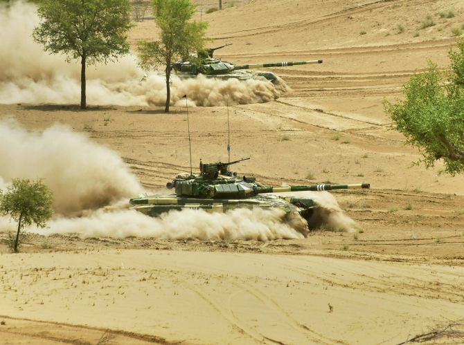 The Indian Army's Jaipur-based South Western Command conducted drills to fight in all contingencies including a nuclear weapon environment in Rajasthan's Mahajan field firing ranges during the Vijay Prahar exercise from May 1 to 9, 2018. Photograph: PTI Photo