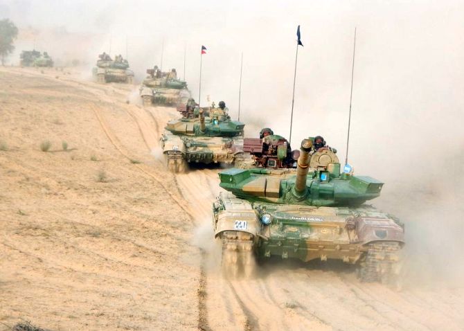 Braving temperatures above 45 degrees Celsius and sand storms, troops from the Indian Army's Jaipur-based South Western Command conducted drills to fight in all contingencies including a nuclear weapon environment in Rajasthan's Mahajan field firing ranges during Vijay Prahar, a military exercise which began on May 1 and ended on Wednesday, May 9, 2018.