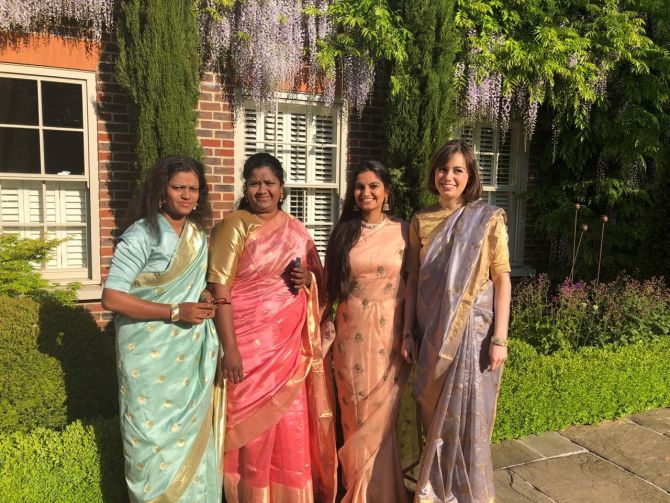 Suhani Jalota in the peach sari, second from right, with Deborah in pink, Archana in green, Imogen in grey -- Suhani's colleagues at the Myna Mahila Foundation -- all set for the Royal Wedding.