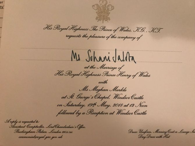 The invitation Suhani received to Prince Harry and Meghan Markle's wedding.