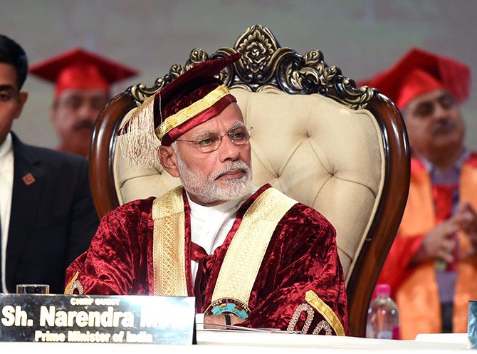 Prime Minister Narendra D Modi at the convocation of the Sher-E-Kashmir University of Agricultural Sciences and Technology, Jammum, May 19, 2018. Photograph: Press Information Bureau