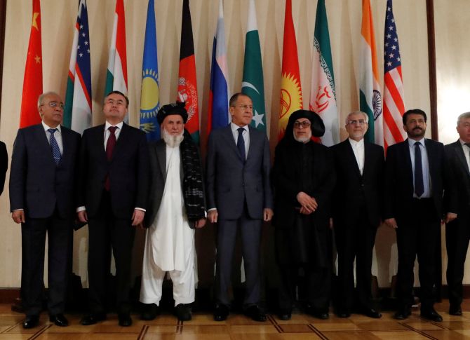 Russian Foreign Minister Sergei Lavrov, centre, with members of delegations during the multilateral peace talks on Afghanistan in Moscow, November 10, 2019. Photograph: Sergei Karpukhin/Reuters