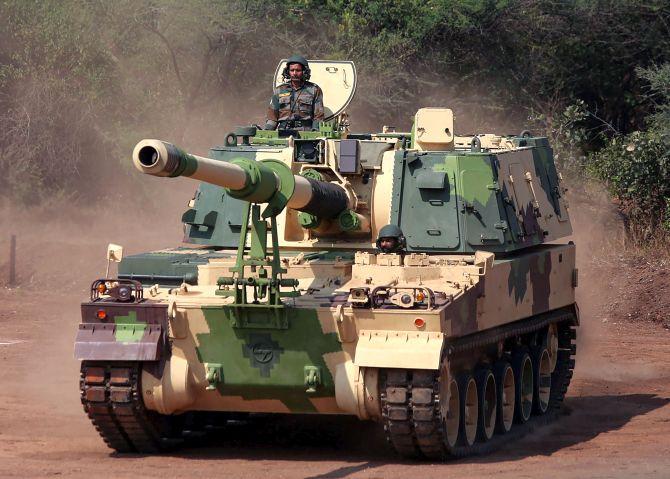 IMAGE: K-9 Vajra, a self-propelled artillery gun, displayed at the formal induction of the major artillery gun systems during a ceremony at the Deolali artillery centre, in Maharashtra's Nashik district. Photograph: PTI Photo