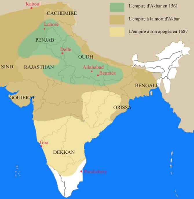 Mughal empire under Akbar (dark yellow)