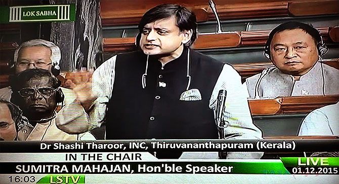 Shashi Tharoor, member of the Lok Sabha from Thiruvanathapuram, speaks during a parliamentary debate