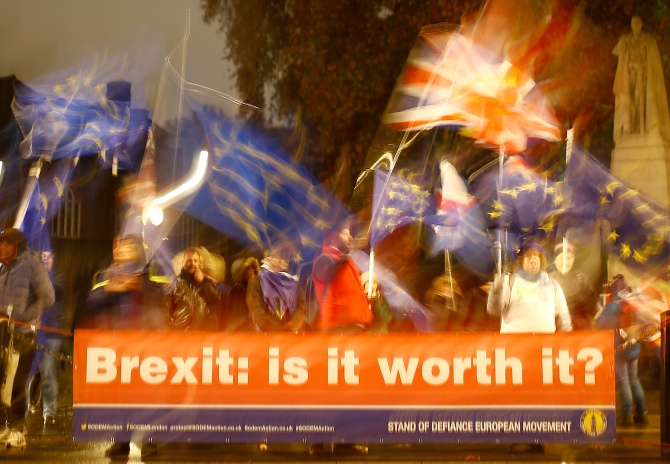 Anti-Brexit demonstrators protest outside the Houses of Parliament in London, November 19, 2018. Photograph: Henry Nicholls/Reuters