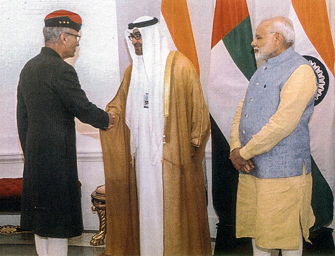  General Shah with the crown prince of Abu Dhabi, Prince Mohammed bin Zayed Al Nahyan, and Prime Minister Narendra Damodardas Modi. Photograph: Kind courtesy, Lieutenant General Shah's memoir, The Sarkari Mussalman