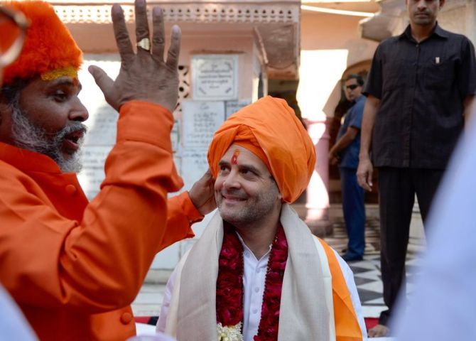 Congress President Rahul Gandhi at the Bramha temple in Pushkar, Rajasthan. Photograph: Kind courtesy @INCIndia/Twitter 