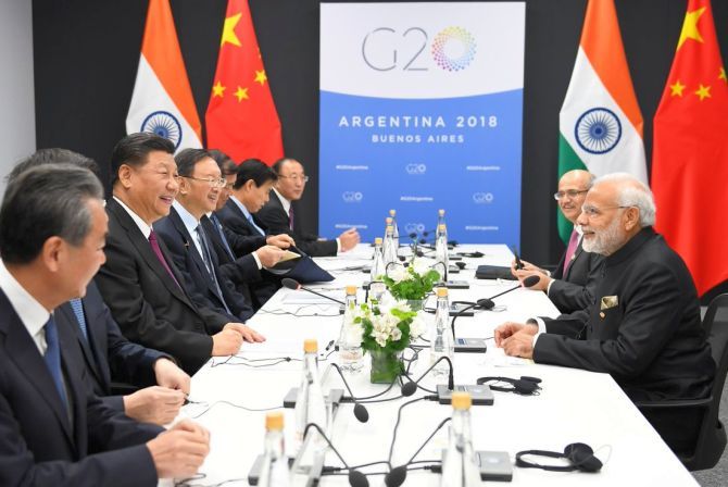 Prime Minister Narendra Damodardas Modi met with Chinese President Xi Jinping at the G-20 summit in Argentina, November 29, 2018. Photograph: Photograph: @MEAIndia/Twitter