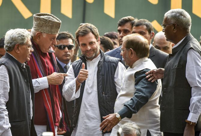 Rahul Gandhi, centre, flanked by other Opposition leaders at the Kisan Mukti March in New Delhi, November 30, 2018. Photograph: Ravi Choudhary/PTI Photo