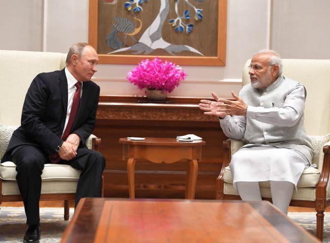 Russian President Vladimir Putin meets Prime Minister Narendra Damodardas Modi in New Delhi