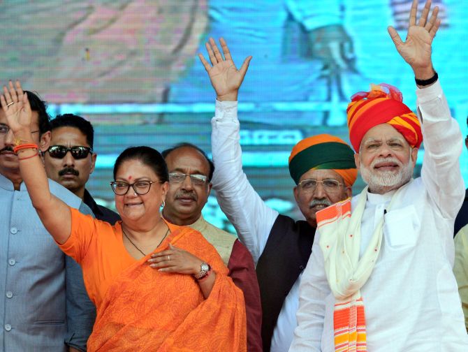 Rajasthan Chief Minister Vasundhara Raje with Prime Minister Narendra Damodardas Modi at a rally in Jaipur, October 6, 2018. Photograph: PTI 