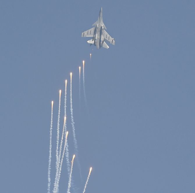 The Su-30MKI flies-past during the 86th Air Force Day Parade at the Hindon air base, October 8, 2018. Photograph: Atul Yadav/PTI Photo