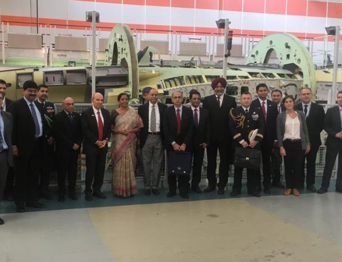Defence Minister Nirmala Sitharaman visited the Dassault Aviation plant in Argenteuil, France, where the Rafale jets to be supplied to India are being manufactured, October 13, 2018. On the minister's right is Dassault CEO Éric Trappier. Photograph: ANI