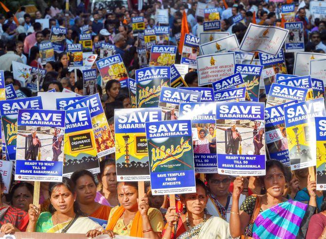 Lord Ayyappa devotees protest against the Supreme Court verdict on the entry of women of all ages into the Sabarimala Temple. Photograph: Shahbaz Khan/PTI Photo