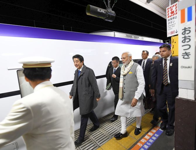 After spending eight hours in Yamanashi, Modi and Abe rode an express train to travel to Tokyo. Photograph: Press Information Bureau