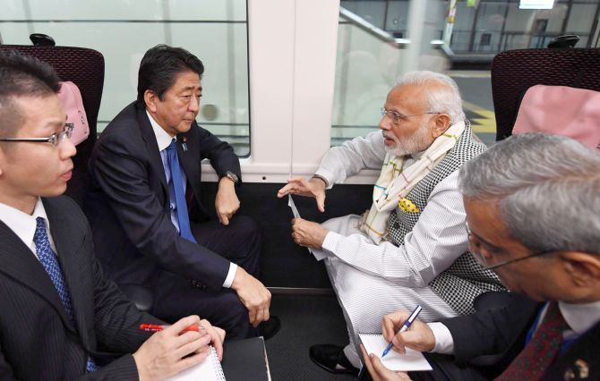 Modi and Abe's discussions continued on the journey aboard an express train to Tokyo. Photograph: Press Information Bureau
