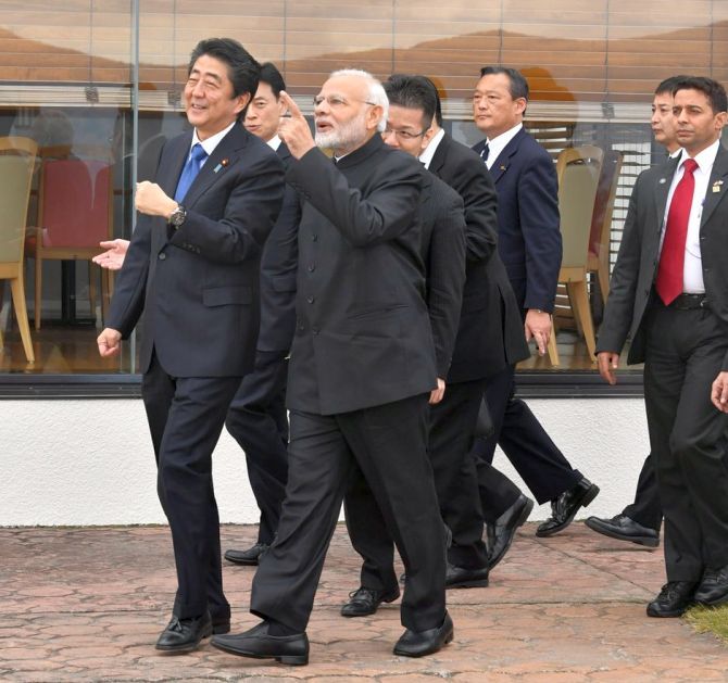 Prime Minister Narendra Damodardas Modi and Japanese Prime Minister Shinzo Abe in Tokyo, October 29, 2018. Photograph: @MEAIndia/Twitter