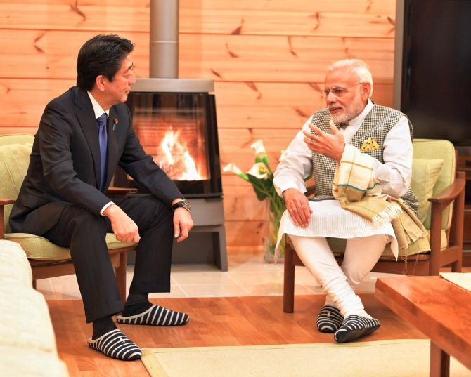 'Tete-a-tete in front of a fireplace,' the ministry of external affairs tweeted as Japanese Premier Shinzo Abe in a special gesture hosted Prime Minister Modi at his personal villa near Lake Kawaguchi in Yamanashi for a private dinner. It is the first time that Abe has invited a foreign political leader to his holiday home. Photograph: @MEAIndia/Twitter