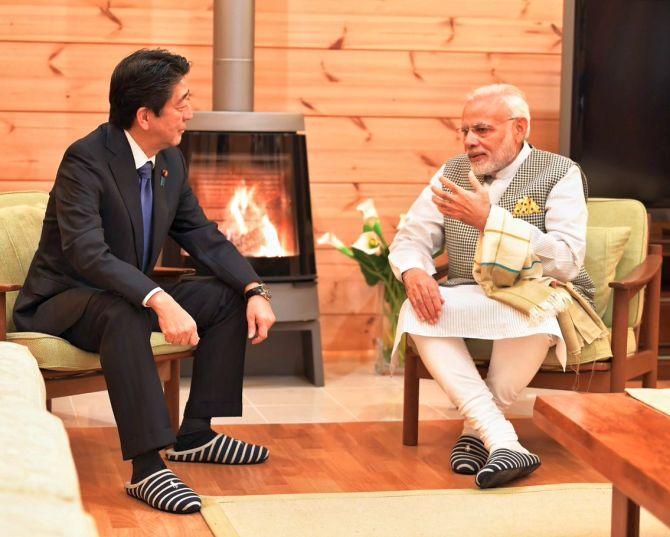 'Tete-a-tete in front of a fireplace,' the ministry of external affairs tweeted as Japanese Premier Shinzo Abe in a special gesture hosted Prime Minister Modi at his personal villa near Lake Kawaguchi in Yamanashi for a private dinner. It is the first time that Abe has invited a foreign political leader to his holiday home. Photograph: @MEAIndia/Twitter