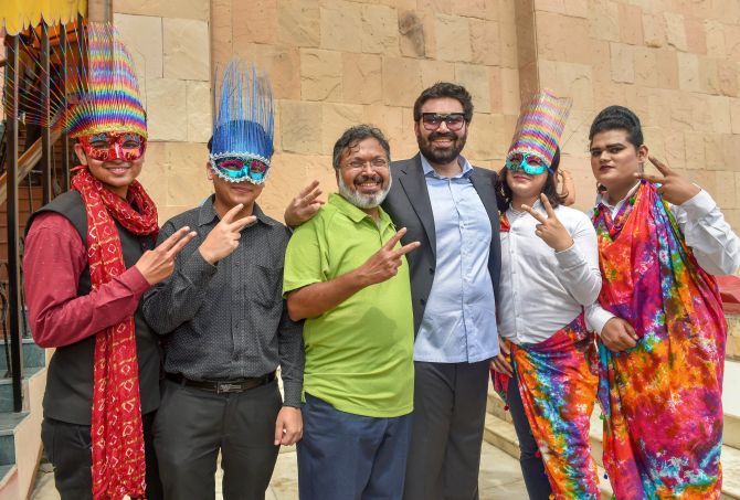 Keshav Suri, third from right, one of the petitioners in the Section 377 case, along with other LGBTQ activists, celebrate the Supreme Court verdict that decriminalises consensual gay sex, New Delhi, September 6, 2018. Photograph: Manvender Vashist/PTI Photo