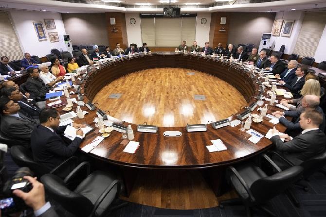 India's External Affairs Minister Sushma Swaraj and Defence Minister Nirmala Sitharaman with United States Defence Secretary General James N Mattis and Secretary of State Mike Pompeo at the first 2+2 ministerial meeting in New Delhi, September 6, 2018. Photograph: Navy Petty Officer 1st Class Dominique A Pineiro/US Department of Defence