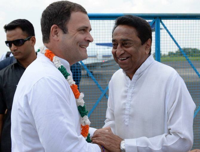 Kamal Nath with Rahul Gandhi who appointed him Madhya Pradesh Congress Committee president and the leader who supervised the party's election campaign. Photograph: @INCIndia/Twitter
